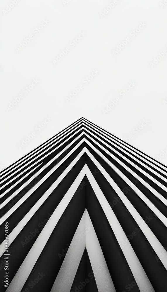 Poster a striking upward view of a modern building with bold black and white diagonal lines against a minim