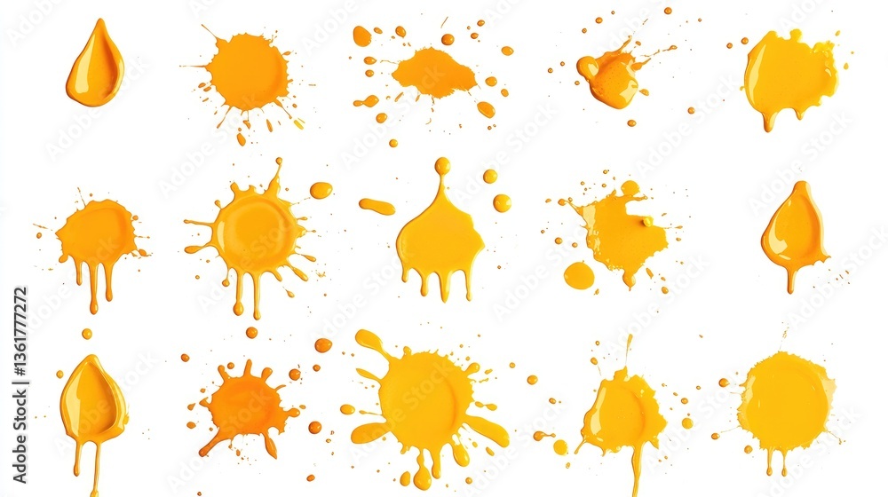 Poster a collection of amber yellow paint splats on a white background, featuring 38 isolated drops with so