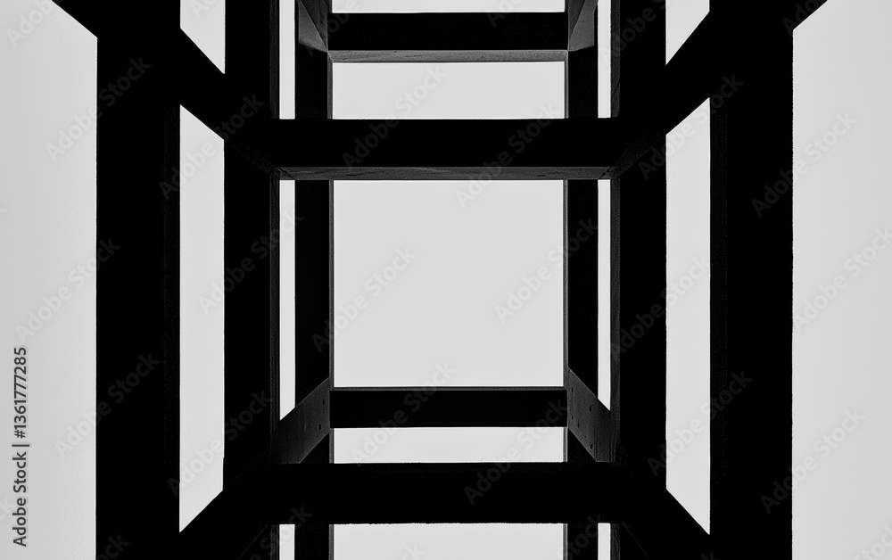 Poster a geometric design featuring a series of black frames, viewed from below, creating a striking visual