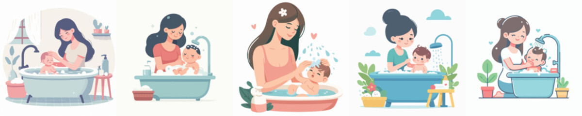 Vector of a woman bathing her child.