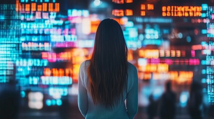 Young hispanic female analyzing bright financial data screens at night