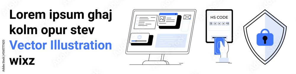 Poster computer screen displaying data, authentication verification process, security shield with padlock. 