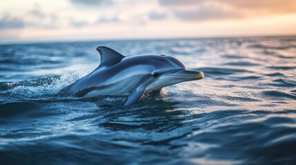 Fototapeta premium A dolphin gracefully swims through ocean water during daytime hours