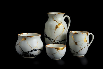 Ceramics featuring elegant gold repairs highlight the beauty of imperfection through Kintsugi, a celebrated Japanese art form.