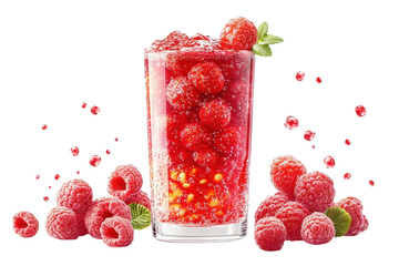 Refreshing Raspberry Fizz Bursting With Juicy Summer Flavor In A Tall Glass Surrounded By Vibrant Berries And Playful Splashes Of Bubbly Delight Isolated on Transparent Background