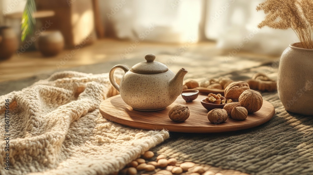 Poster a cozy, earthy coffee table scene with a ceramic teapot, nuts, and a wool rug, creating a serene and