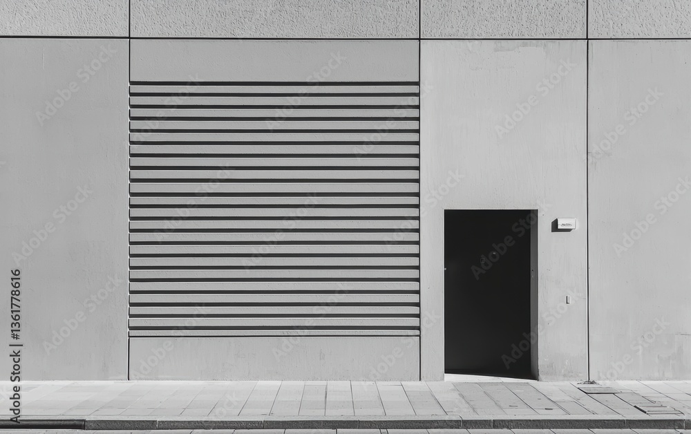 Poster a minimalist wall features horizontal lines and a single black door, creating a striking contrast in