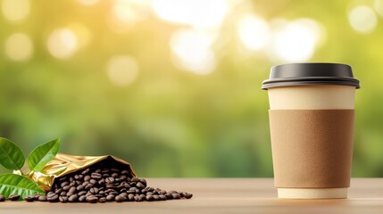 A warm cup of coffee sits beside scattered beans and a bag, with a blurred green background creating a cozy atmosphere, Eco-Friendly Packaging  cup.