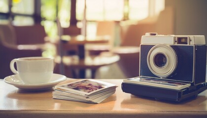 Polaroid camera and hot coffee on a cafe table