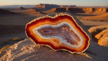 A cross-section of a colorful agate stone set against a desert landscape.