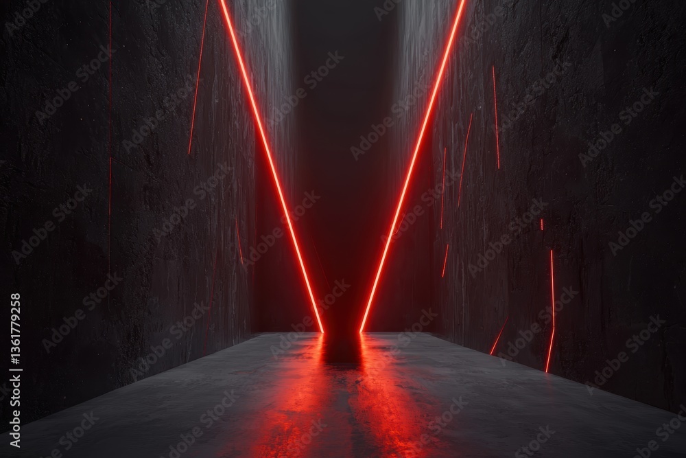 Poster a dark corridor illuminated by striking red lights, creating a dramatic and surreal visual effect.