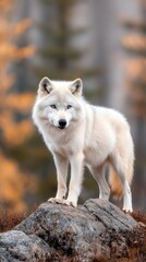 Obraz premium Majestic white wolf with piercing blue eyes standing tall in Scandinavian forest under daylight
