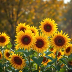 Fototapeta premium Sunflowers in full bloom against a backdrop of autumnal foliage and muted sunlight, october, leaves, harvest
