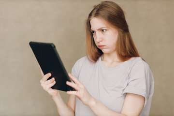 Portrait of young student actress learning role woman with digital tablet. Acting test casting film...