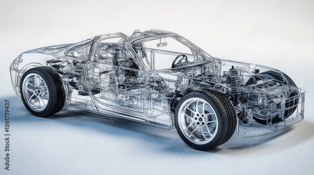 Poster A detailed X-ray view of a car chassis, showcasing the skeletal structure and inner components, perfect for automotive or engineering illustrations.