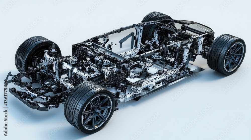 Poster A detailed X-ray view of a car chassis, showcasing the skeletal structure and inner components, perfect for automotive or engineering illustrations.