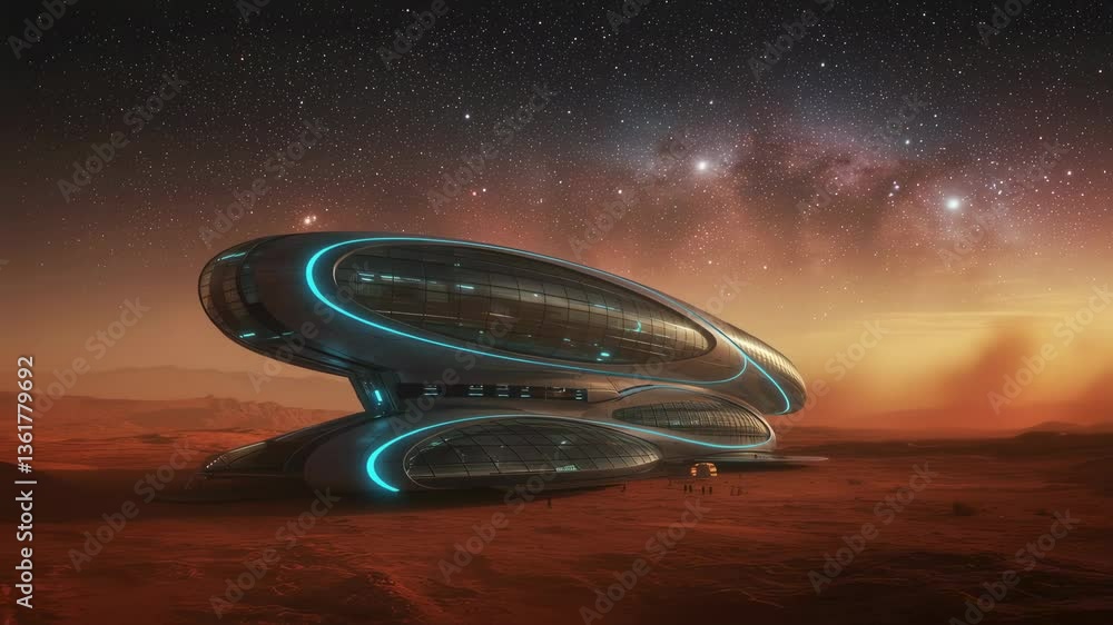 Poster futuristic spacecraft on mars surface. concept of interplanetary exploration and colonization. sci-f