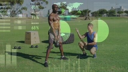 Lifting kettlebell outdoors, man guided by trainer with fitness animation overlay - Powered by Adobe