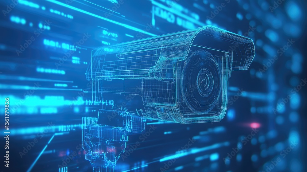 Poster a digital wireframe of a surveillance camera on a blue backdrop, emphasizing cutting-edge security d