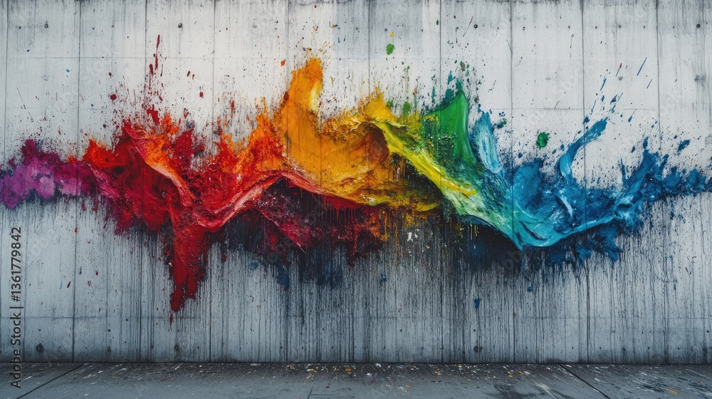 Poster a dramatic image of vivid color splashes on rough concrete, symbolizing the intersection of art, urb