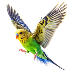 Obraz premium Flying Budgerigar Parrot with Open Wings Isolated on White Background