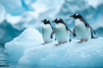 Obraz premium Tenacious nature and unshakable ties of penguins, overcoming the perilous iceberg cliff on the icy continent of Antarctica. Generative Ai