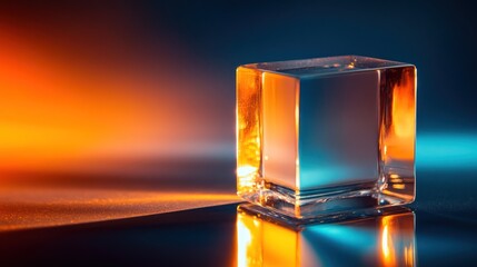 Transparent glass cube, vibrant lighting, studio shot, product display