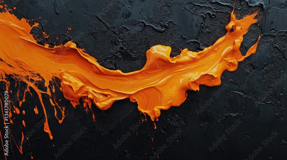 Poster a dramatic shot of vivid orange paint flowing on a black textured surface, creating a striking contr