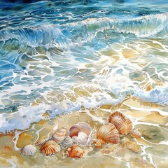 Watercolor painting of ocean waves washing onto a sandy beach scattered with various seashells, capturing the essence of a coastal scene.