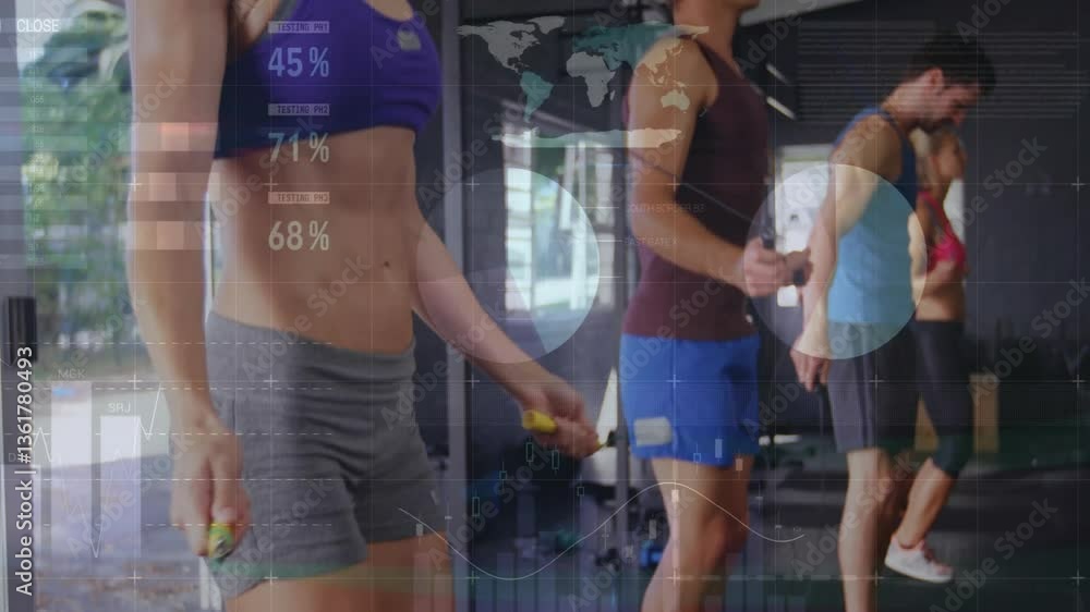Poster people exercising in gym with fitness data and graphs animation overlay