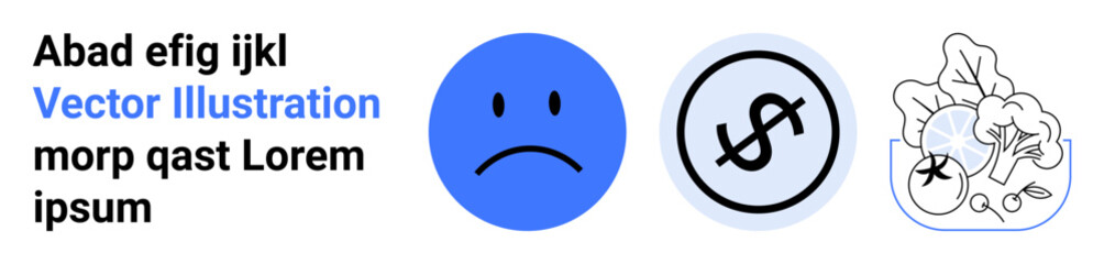 Blue sad emotion, crossed-out dollar sign for financial caution, and a bowl with vegetables. Ideal for financial planning, healthy eating, budgeting, mental health, sustainability, food habits