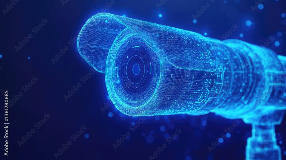 Leinwandbilder a futuristic digital wireframe model of a surveillance camera on a clean blue background, emphasizin