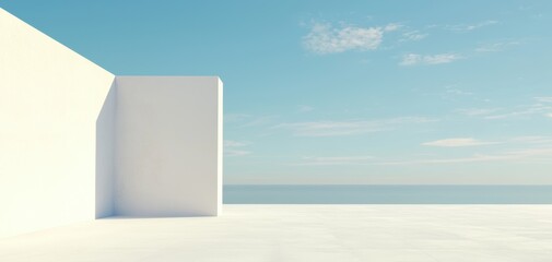 A minimalist scene featuring a white structure against a serene ocean backdrop and a clear blue sky, evoking tranquility and simplicity.