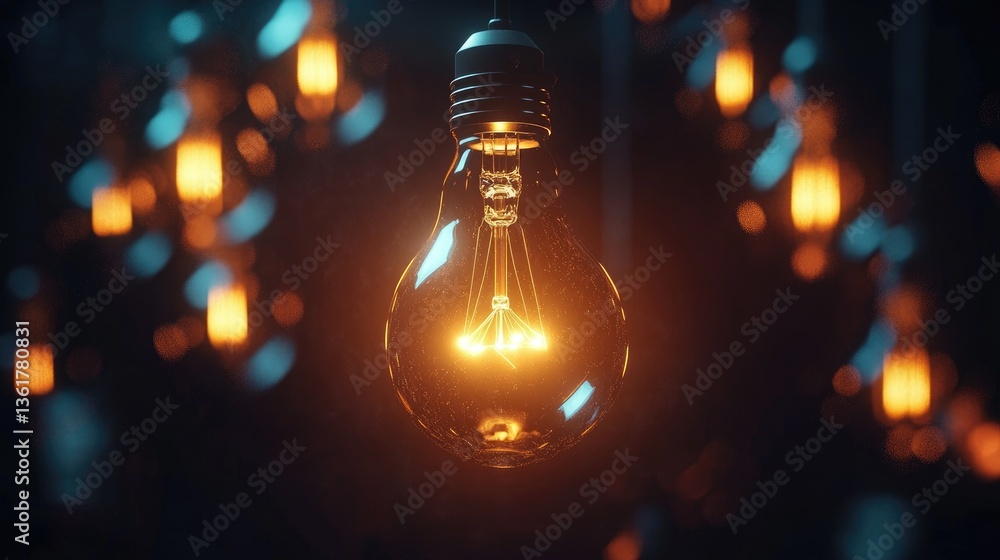 Poster A glowing lightbulb illuminates a dark space surrounded by shutdown lightbulbs, representing a creative breakthrough, problem-solving, and innovation through 3D rendering.