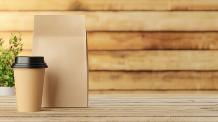 A minimalist coffee cup and a paper bag sit on a wooden table, with a small plant in the background, creating a warm and inviting atmosphere, Eco-Friendly Packaging  cup.