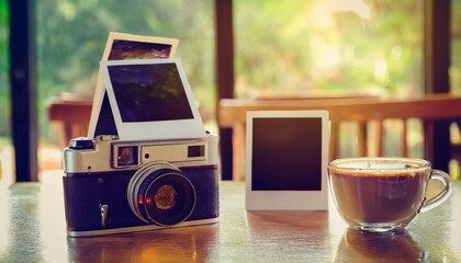 Polaroid camera and hot coffee on a cafe table