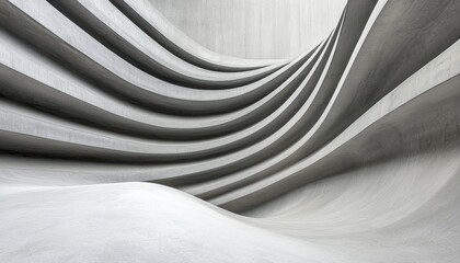 Fototapeta premium A smooth, abstract interior featuring flowing, wave-like concrete structures, creating a sense of depth and modernity in a minimalist design.