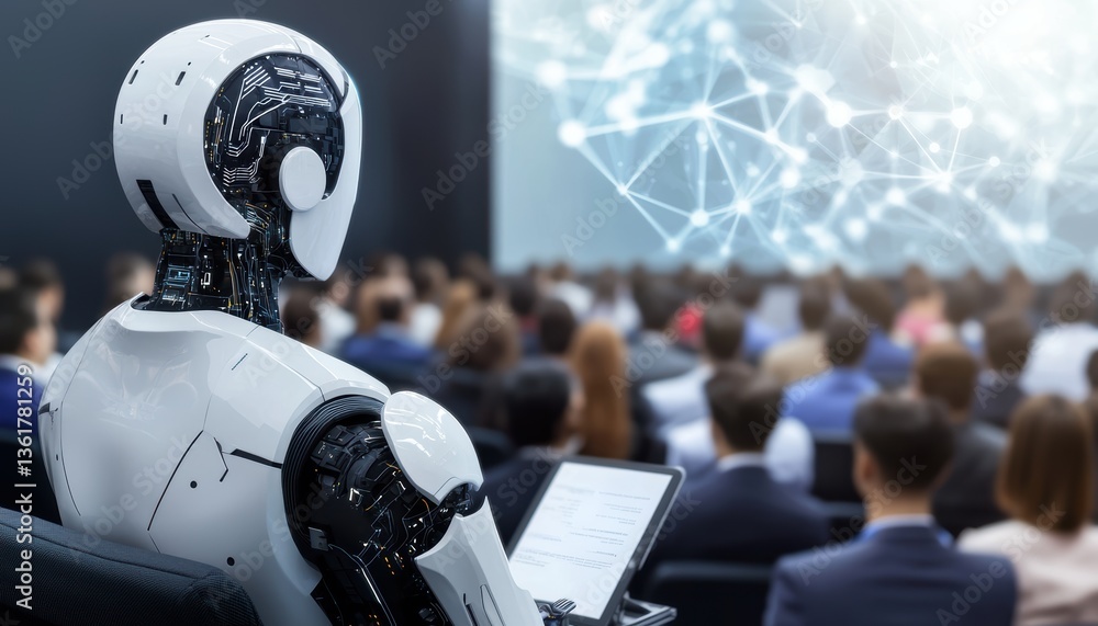 Poster a humanoid robot observes an audience during a presentation, symbolizing the intersection of technol