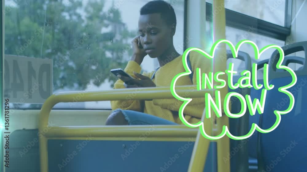 Poster young person on bus using phone with install now text animation over scene