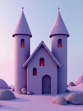A purple house with two towers on top