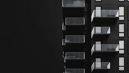 A modern building facade with balconies, showcasing a minimalist design against a contrasting dark background.