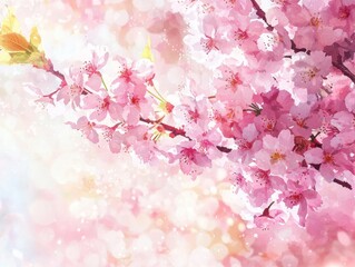 A branch adorned with delicate, light pink blossoms, against a soft, bright backdrop evokes the serene beauty of springtime.