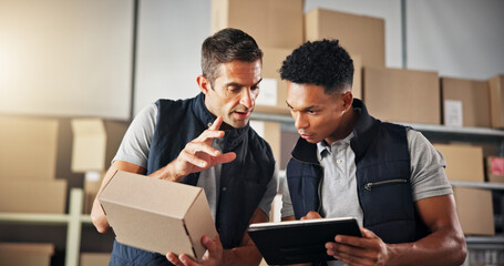 Men, check and box with tablet for distribution for inventory management, online order and stock....