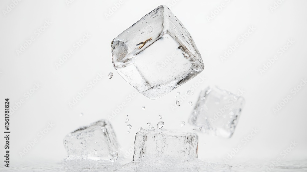 Poster a long exposure shot of a falling ice cube, isolated on a white background, capturing the motion and