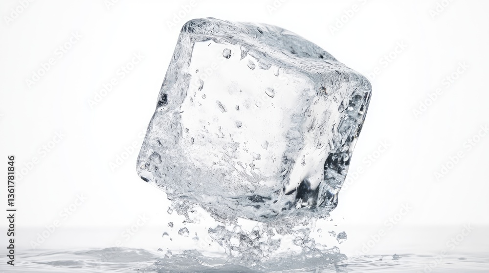 Poster a long exposure shot of a falling ice cube, isolated on a white background, capturing the motion and
