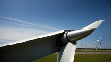 Up Close with Renewable Energy: A Detailed View of a Wind Turbine's Blade Against a Clear Blue Sky