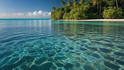 A serene tropical beach with clear water and lush greenery.