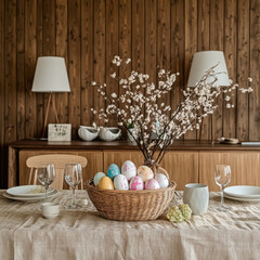 A cozy and festive Easter scene with an elegantly set table. Warm lighting and decorative elements create an inviting atmosphere, making it perfect for home, lifestyle, and holiday marketing visuals.