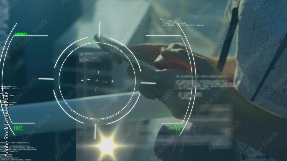 Poster using smartphone, hands interacting with digital data overlay in office environment