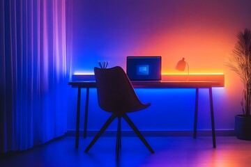 Modern workspace with colorful ambient lighting, featuring a sleek desk, chair, and laptop at night